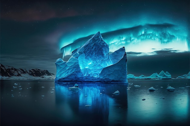 Composition of iceberg reflected in sea over night sky created using generative ai technology