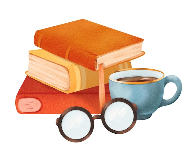 お茶の杯と本の山 学校へ帰る 居心地の良い読書 朝
