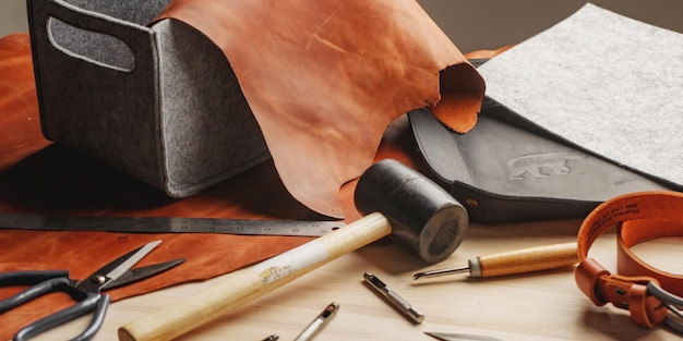 composition of isinstruments for leather processing the process of manufacturing leather goods handmade