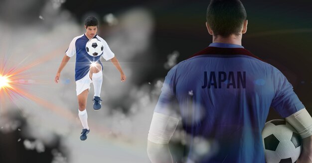 Композиция из японских футболистов с футбольными мячами и светящимися прожекторами