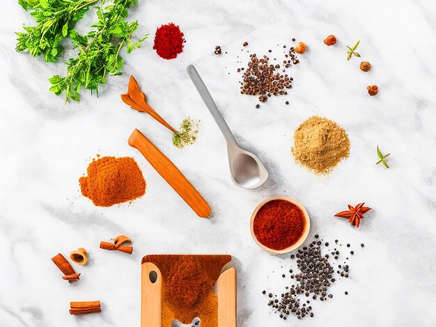 Photo composition of kitchen tools spices and herbs on white table