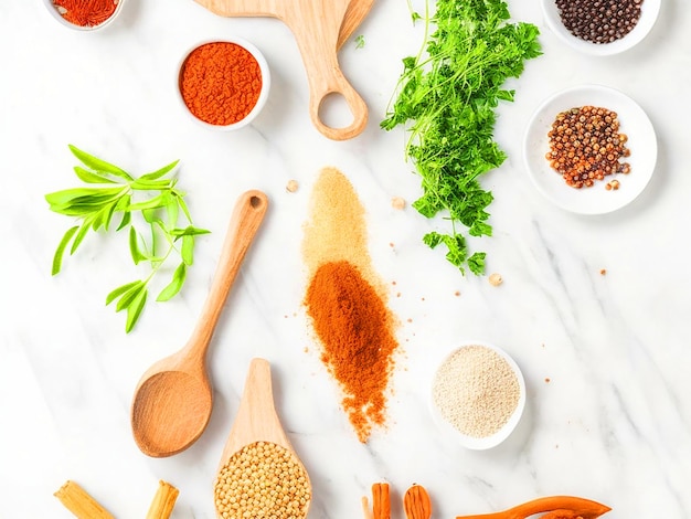 Composition of kitchen tools spices and herbs on white table