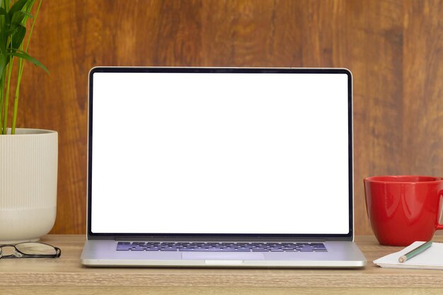 Composition of laptop with copy space on wooden background