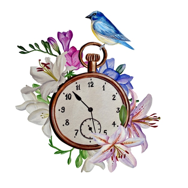 композиция из лилий и фрезий, винтажные часы с синей птицей, акварельная иллюстрация