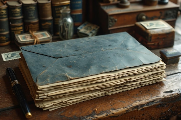 A composition of mail envelopes pens and stamps on a wooden desk