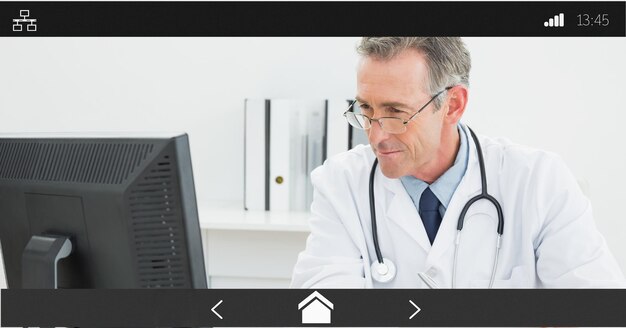 Photo composition of male doctor during online consultation