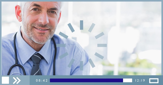 Composition of male doctor smiling on video playback interface screen