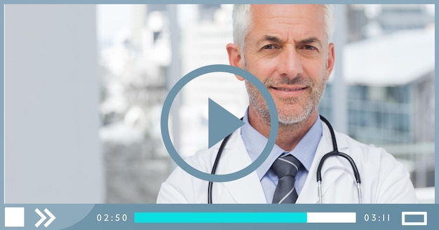 Composition of male doctor smiling on video playback interface screen