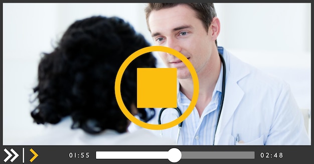 Composition of male doctor talking to patient on video playback interface screen