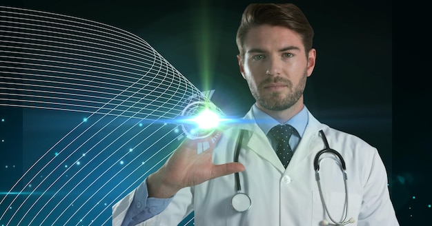 Composition of male doctor using virtual screen on black background