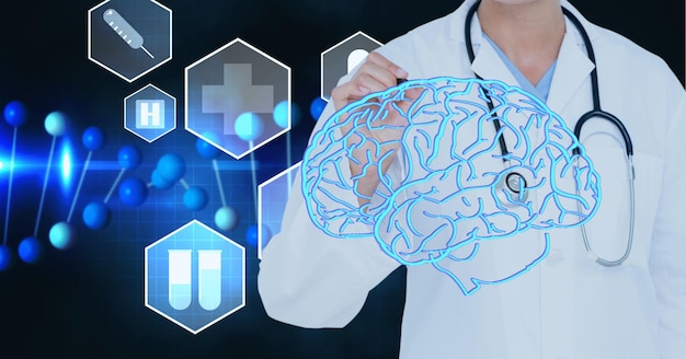 Composition of male doctor using virtual screen with brain and medical icons on blue background