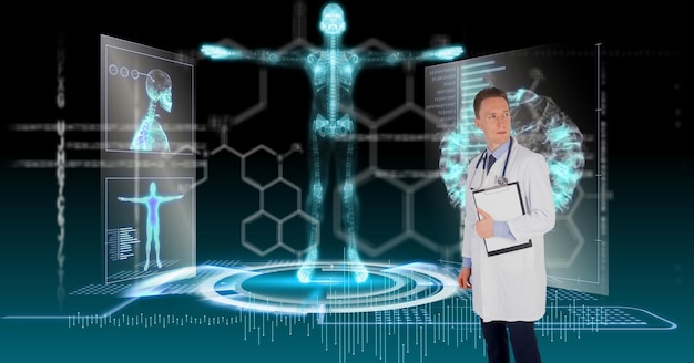 Photo composition of male doctor over virtual screen with medical icons