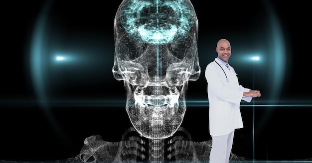 두개골 모델이 있는 가상 화면을 통한 남자 의사의 구성