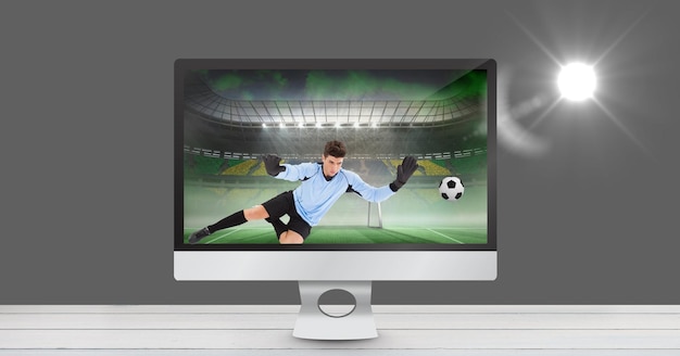 Photo composition of male football player playing football in tv