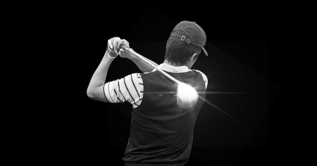 Composition of male golf player with golf club with copy space in black and white