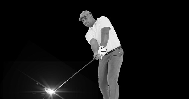 Composition of male golf player with golf club with copy space\
in black and white