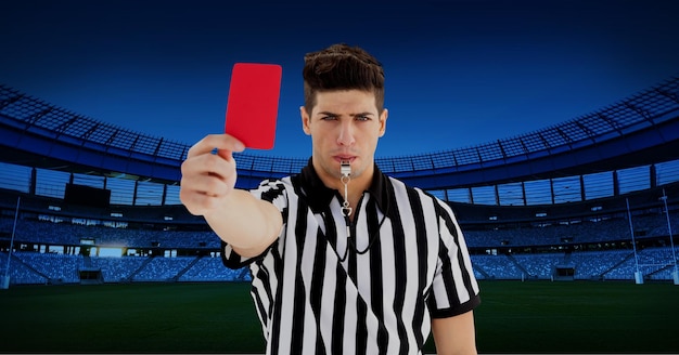 Photo composition of male referee holding red card at stadium