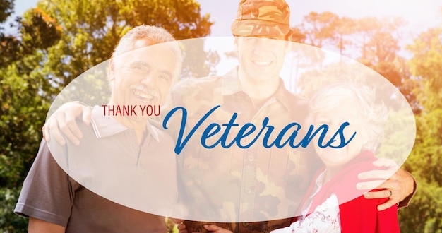 Photo composition of male soldier embracing smiling parents over veterans day text
