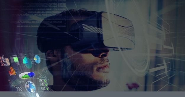 Composition of man wearing vr headset and interactive screen with data processing
