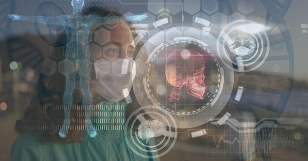 Composition of medical data processing over caucasian woman wearing face mask