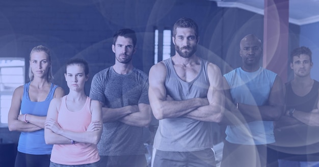 Photo composition of men and women in fitness class with spot lights