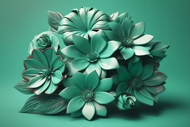 Composition of mint artificial flowers on a mint background generative ai