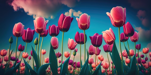 Composition of natural tulips against a blue sky