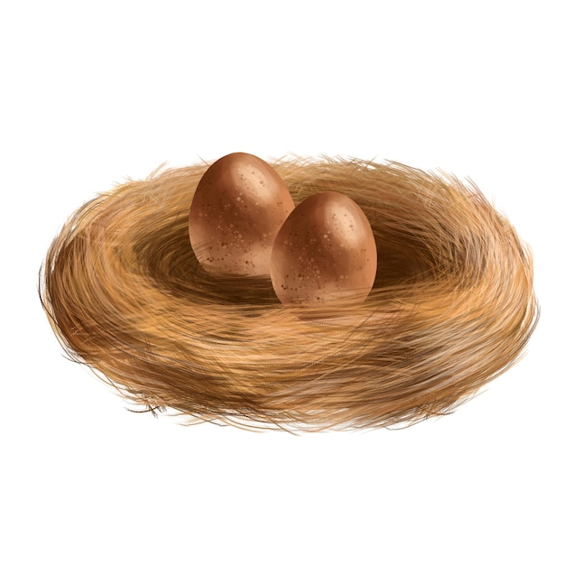 Composition of a nest of hay and twigs and chicken eggs