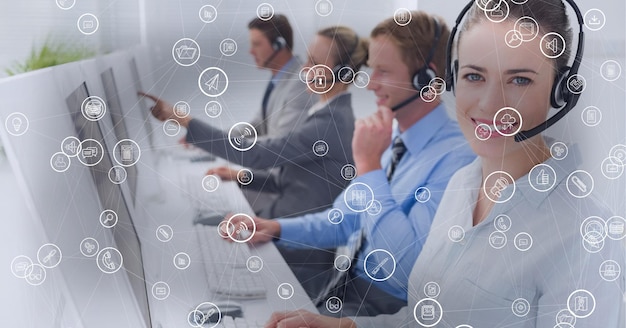 Composition of network of connections with icons over businesswoman using phone headset in office