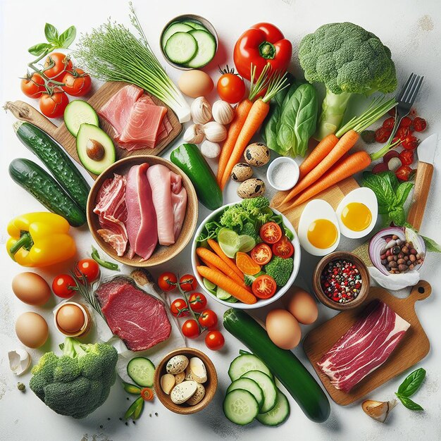 栄養価の高い食事 鮮やかな野菜 肉 卵 健康的な食事 ホワイトテーブル