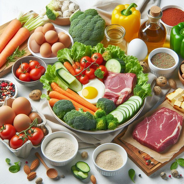 栄養価の高い食事 鮮やかな野菜 肉 卵 健康的な食事 ホワイトテーブル