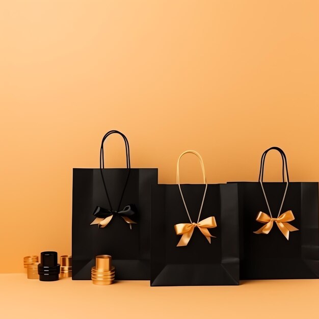 Фото Композиция корзины для покупок черной пятницы с подарочными коробками или сумками на темном фоне и копировальным пространством