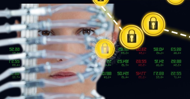 Composition of online security padlocks over caucasian woman
and data processing