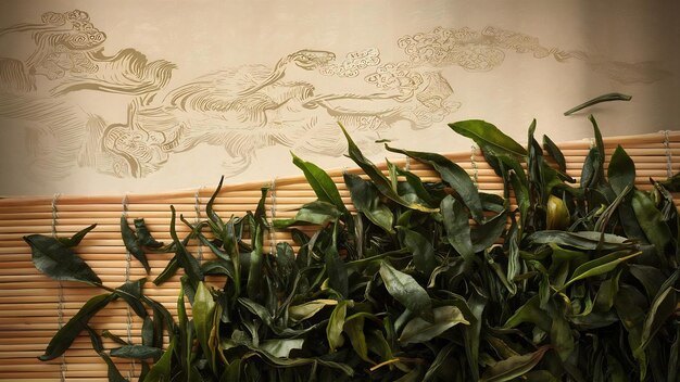 Photo the composition of packed chinese puer tea on a bamboo mat