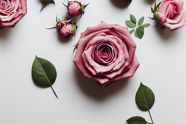 Composition of pastel pink rose flowers buttons and leaves on the white background