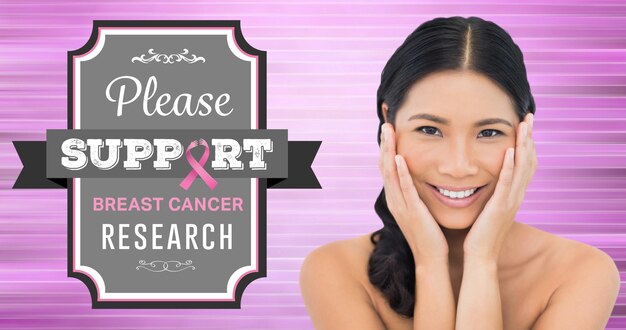 Composition of pink ribbon logo and breast cancer text, with smiling young woman