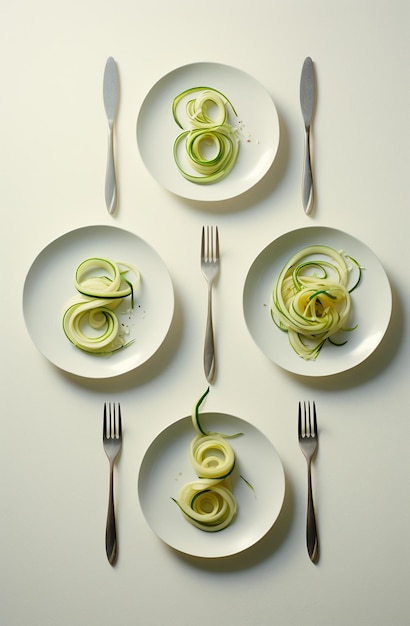 A composition of plates with different types of spaghetti and cucumber spirals