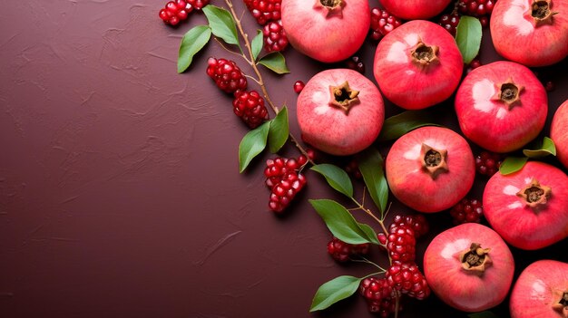 Photo composition of pomegranate fresh fruit and red apples with leaves