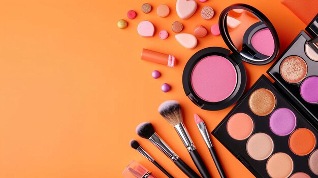 A composition of professional makeup equipment on an orange background