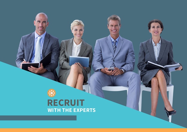 Composition of recruitment services text over business people