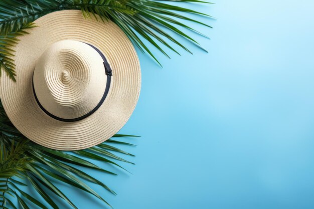 A composition representing summer with tropical palm leaves a hat and a coconut placed on a pastel