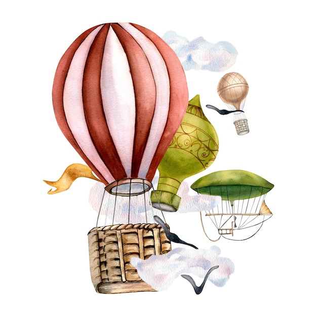 Composition of retro airplanes hot air balloon watercolor illustration isolated