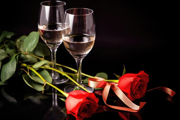 Composition of roses and glasses on black background