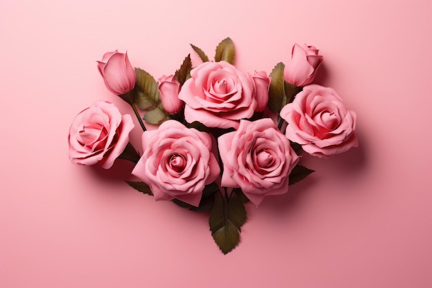 A composition of roses on a pink background.