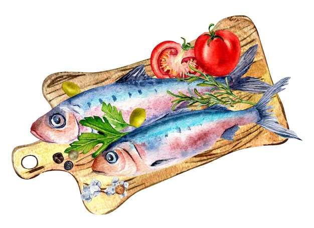 Composition of sardines and tomatoes watercolor illustration isolated on white