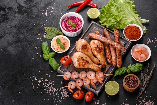 Composition of sausages, chicken, pork and shrimp prepared on grill, as well as vegetables prepared on grill with spices and herbs. cooking on fire