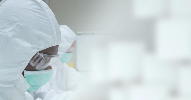 Photo composition of scientist in ppe suit working in laboratory and copy space