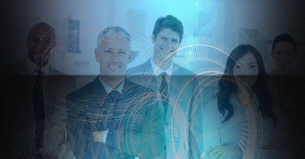 Composition of scope scanning over smiling business people