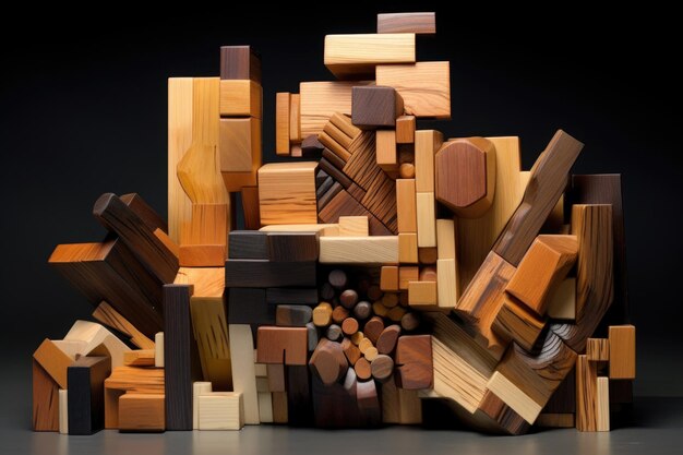 Photo a composition of scrap wood pieces of different shapes and sizes