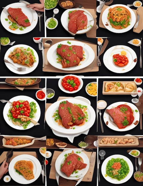 Composition of several dishes with different cuts of meat prepared in various ways